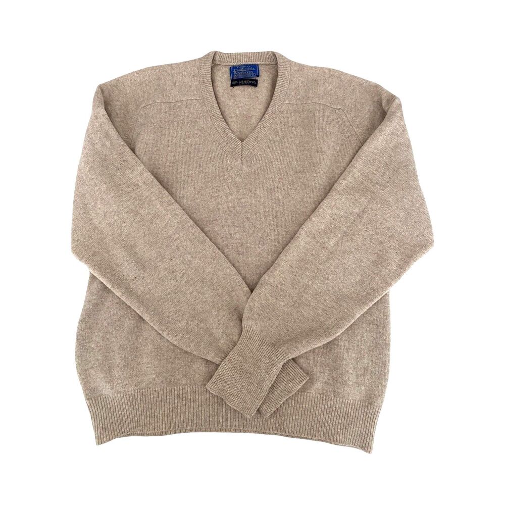 Vintage Pendleton Men's Lambswool Sweater Large Oatmeal Natural Washable V Neck